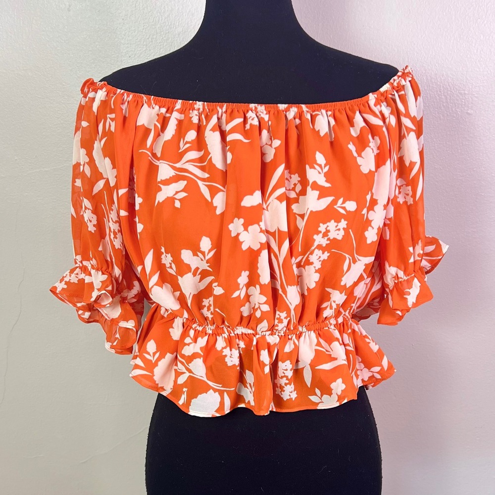 Sugarlips Floral Off the Shoulder Crop Top L Orange White Ruffle Boho Summer